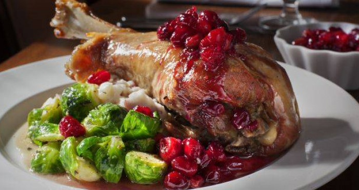Confit Turkey Leg, Brussels Sprouts, and Cranberry