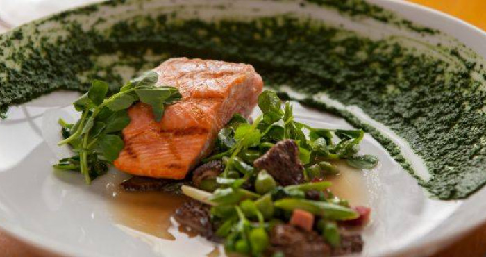 Grilled King Salmon with Bacon, Fava Bean, and Salsa Verde