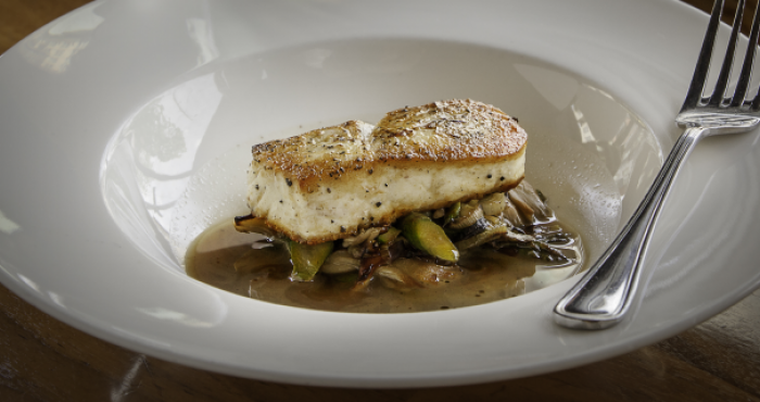 Halibut with Vegetables and Porcini Brodo